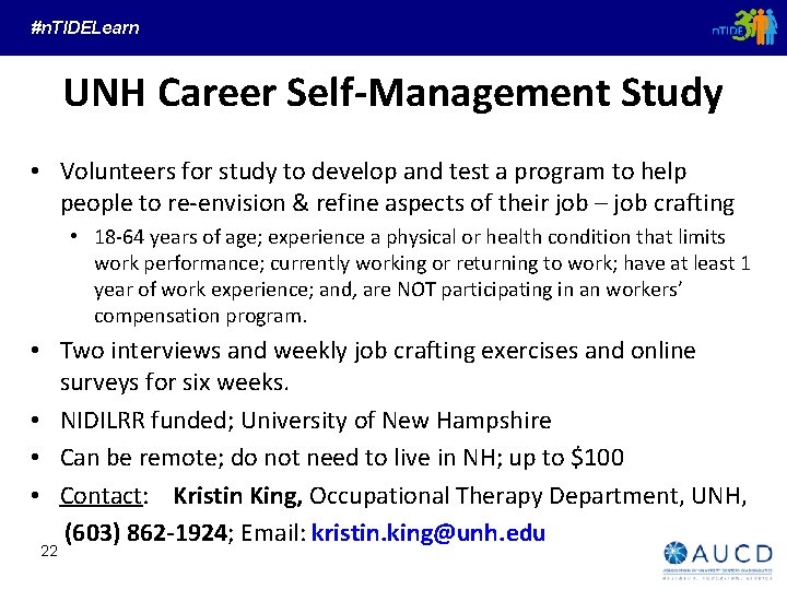 #n. TIDELearn UNH Career Self-Management Study • Volunteers for study to develop and test