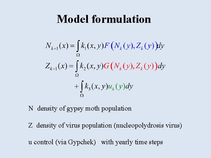 Model formulation N density of gypsy moth population Z density of virus population (nucleopolydrosis