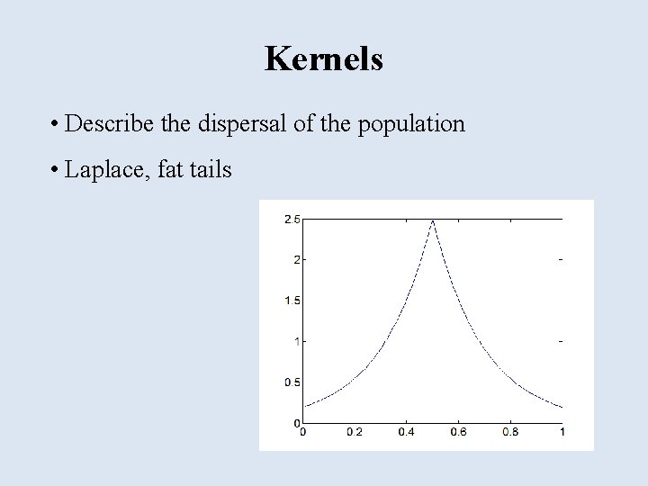 Kernels • Describe the dispersal of the population • Laplace, fat tails 