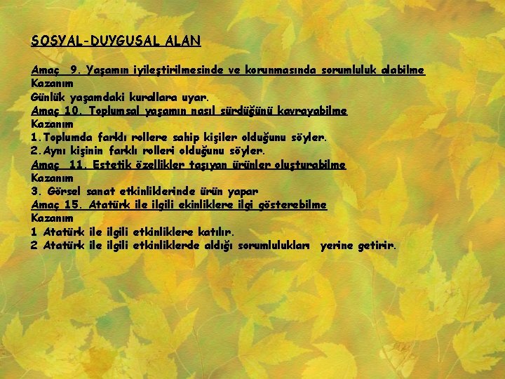 SOSYAL-DUYGUSAL ALAN Amaç 9. Yaşamın iyileştirilmesinde ve korunmasında sorumluluk alabilme Kazanım Günlük yaşamdaki kurallara