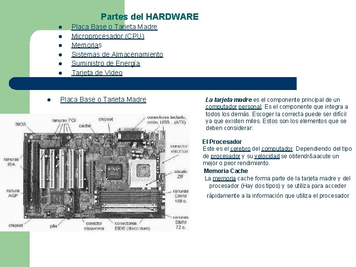Partes del HARDWARE l l l l Placa Base o Tarjeta Madre Microprocesador (CPU)