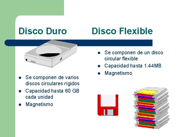 Disco Duro Disco Flexible l l l Se componen de varios discos circulares rígidos