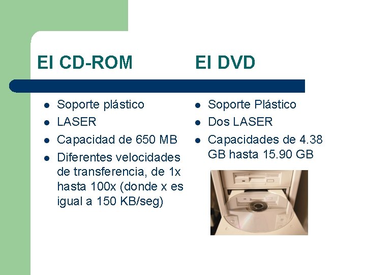 El CD-ROM l l Soporte plástico LASER Capacidad de 650 MB Diferentes velocidades de