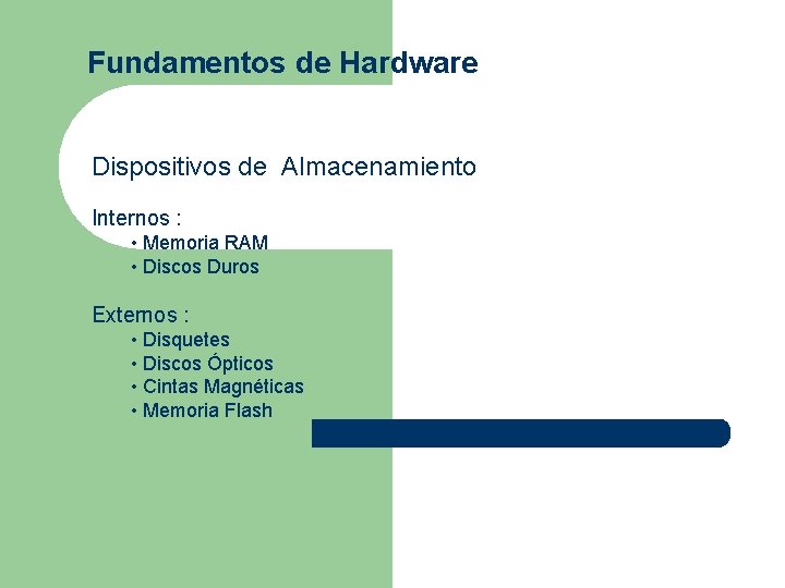 Fundamentos de Hardware Dispositivos de Almacenamiento Internos : • Memoria RAM • Discos Duros