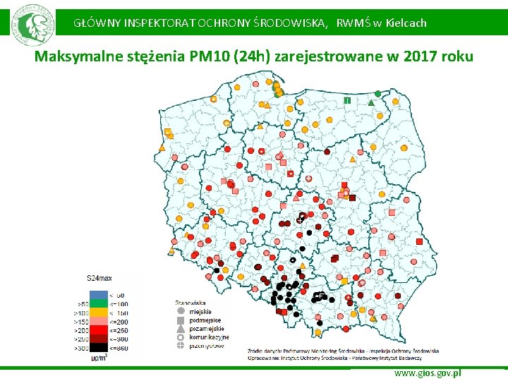 GŁÓWNY INSPEKTORAT OCHRONY ŚRODOWISKA, RWMŚ w Kielcach Maksymalne stężenia PM 10 (24 h) zarejestrowane