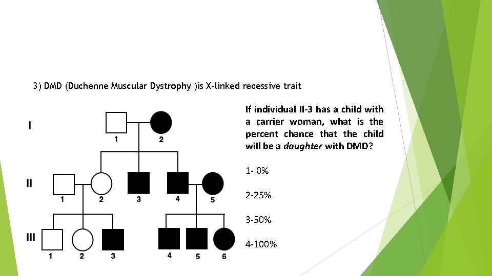 3) DMD (Duchenne Muscular Dystrophy )is X-linked recessive trait If individual II-3 has a
