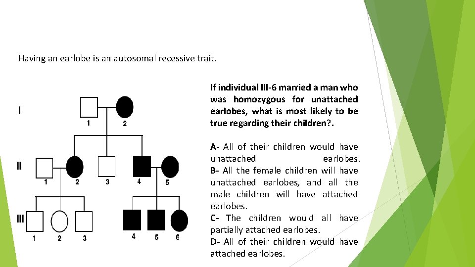 Having an earlobe is an autosomal recessive trait. If individual III-6 married a man