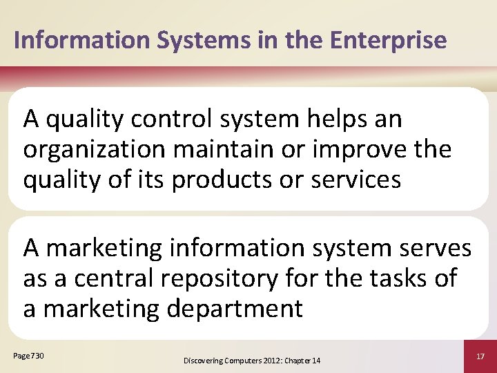 Information Systems in the Enterprise A quality control system helps an organization maintain or