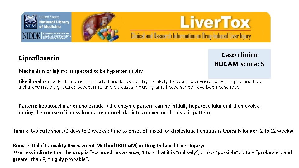 Ciprofloxacin Mechanism of Injury: suspected to be hypersensitivity Caso clinico RUCAM score: 5 Likelihood
