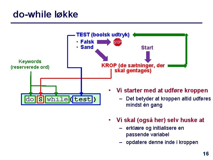 do-while løkke TEST (boolsk udtryk) • Falsk • Sand Keywords (reserverede ord) Start KROP