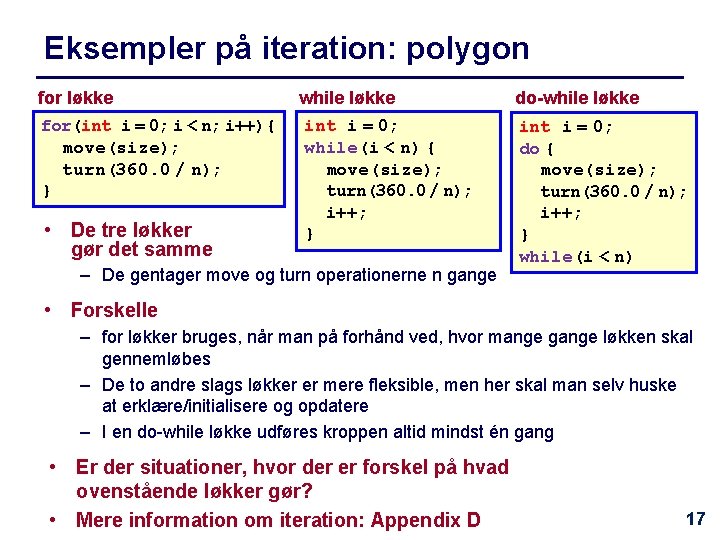 Eksempler på iteration: polygon for løkke while løkke do-while løkke for(int i = 0;