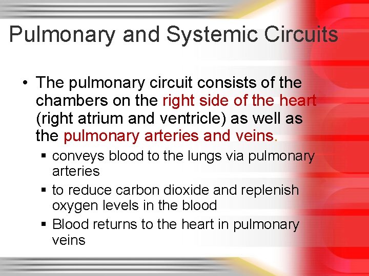 Pulmonary and Systemic Circuits • The pulmonary circuit consists of the chambers on the