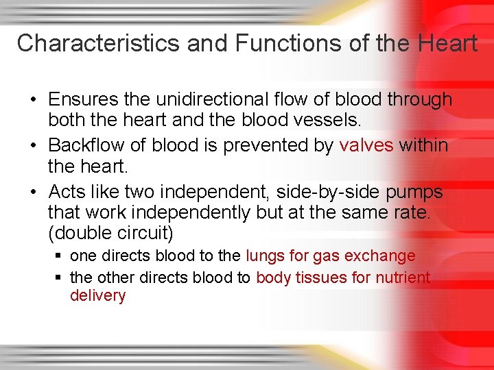 Characteristics and Functions of the Heart • Ensures the unidirectional flow of blood through