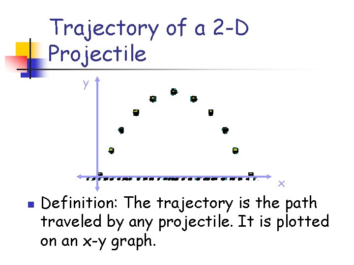 Trajectory of a 2 -D Projectile y x n Definition: The trajectory is the