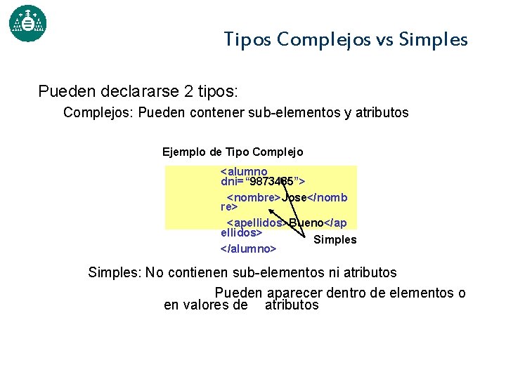 Tipos Complejos vs Simples Pueden declararse 2 tipos: Complejos: Pueden contener sub-elementos y atributos