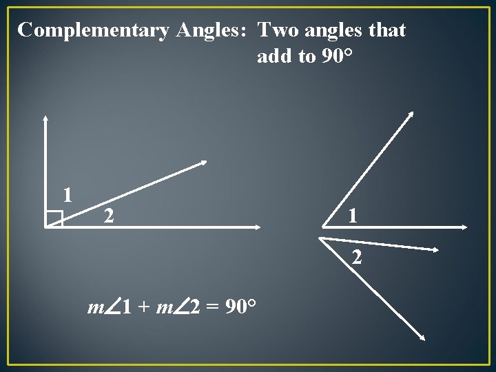 Complementary Angles: Two angles that add to 90° 1 2 m 1 + m