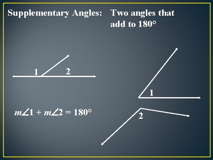 Supplementary Angles: Two angles that add to 180° 1 2 1 m 1 +