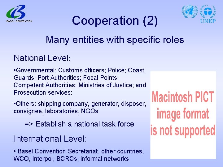 Cooperation (2) Many entities with specific roles National Level: • Governmental: Customs officers; Police;