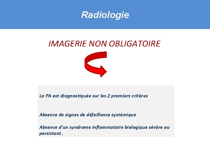 Radiologie IMAGERIE NON OBLIGATOIRE La PA est diagnostiquée sur les 2 premiers critères Absence