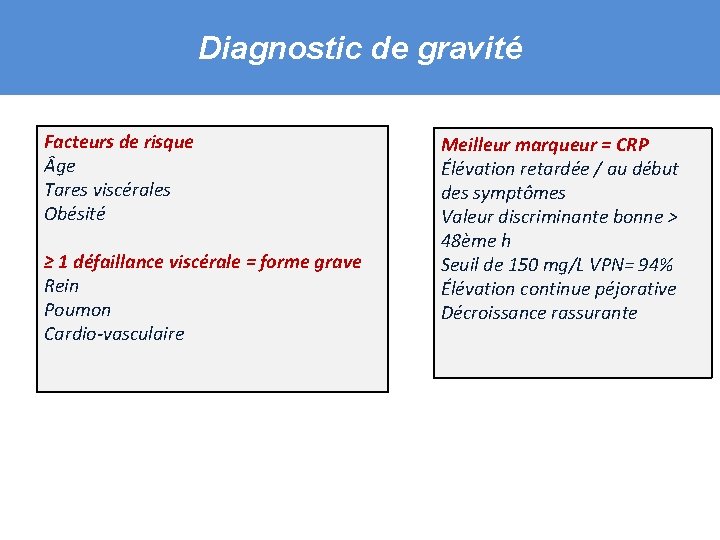 Diagnostic de gravité Facteurs de risque ge Tares viscérales Obésité ≥ 1 défaillance viscérale