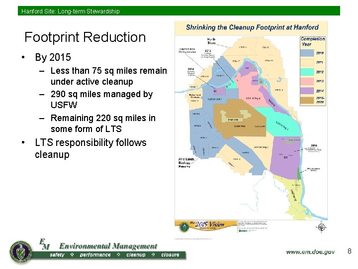 Hanford Site: Long-term Stewardship Footprint Reduction • By 2015 – Less than 75 sq