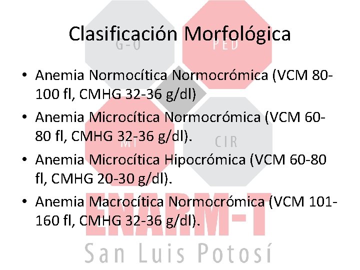 Clasificación Morfológica • Anemia Normocítica Normocrómica (VCM 80100 fl, CMHG 32 -36 g/dl) •