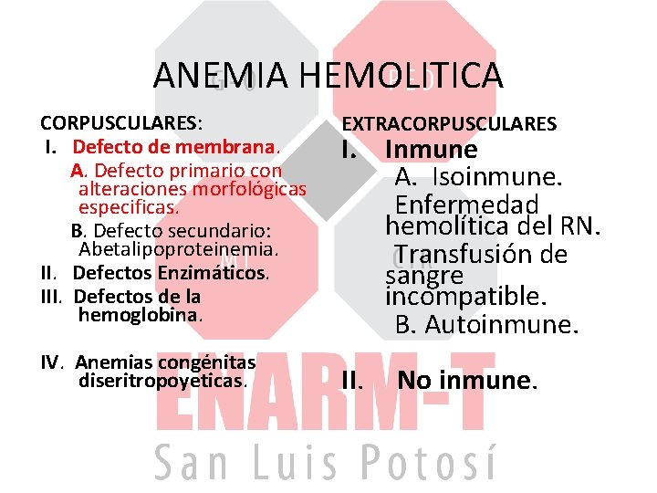 ANEMIA HEMOLITICA CORPUSCULARES: I. Defecto de membrana. A. Defecto primario con alteraciones morfológicas especificas.