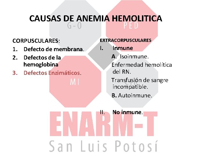 CAUSAS DE ANEMIA HEMOLITICA CORPUSCULARES: 1. Defecto de membrana. 2. Defectos de la hemoglobina