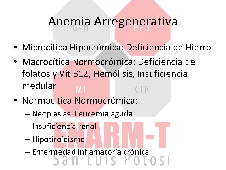 Anemia Arregenerativa • Microcitica Hipocrómica: Deficiencia de Hierro • Macrocítica Normocrómica: Deficiencia de folatos