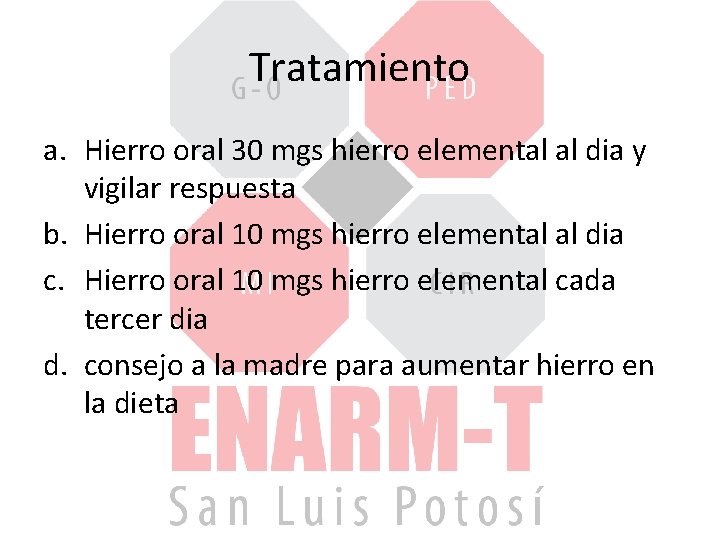 Tratamiento a. Hierro oral 30 mgs hierro elemental al dia y vigilar respuesta b.