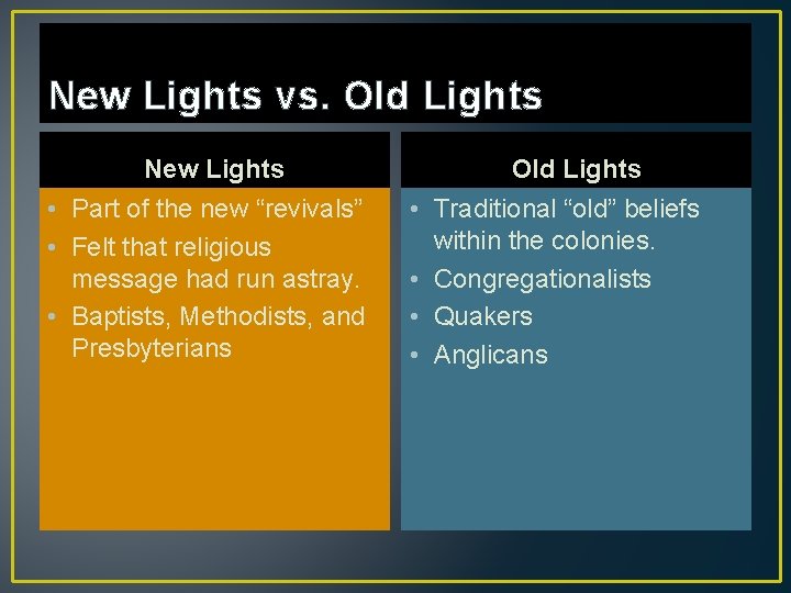 New Lights vs. Old Lights New Lights • Part of the new “revivals” •