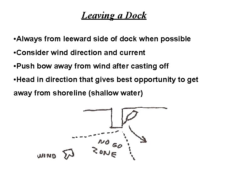 Leaving a Dock • Always from leeward side of dock when possible • Consider