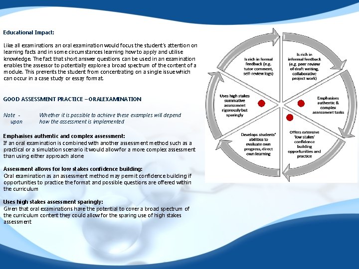 Educational Impact: Like all examinations an oral examination would focus the student’s attention on