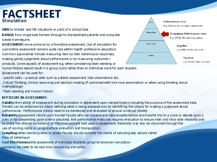 FACTSHEET Simulation AIM: to imitate ‘real life’ situations or parts of a clinical task