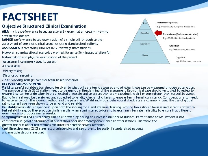 FACTSHEET Objective Structured Clinical Examination AIM: in vitro performance based assessment / examination usually