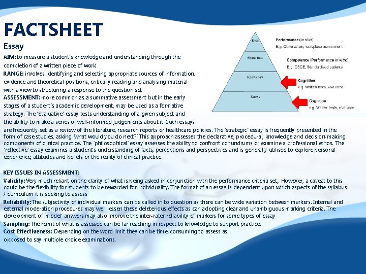 FACTSHEET Essay AIM: to measure a student’s knowledge and understanding through the completion of