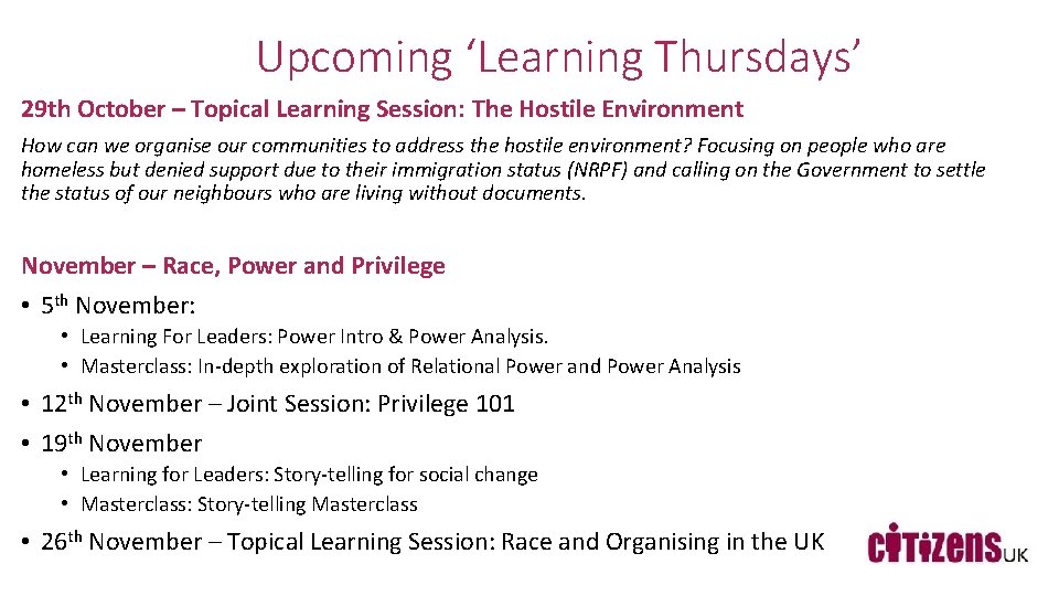 Upcoming ‘Learning Thursdays’ 29 th October – Topical Learning Session: The Hostile Environment How