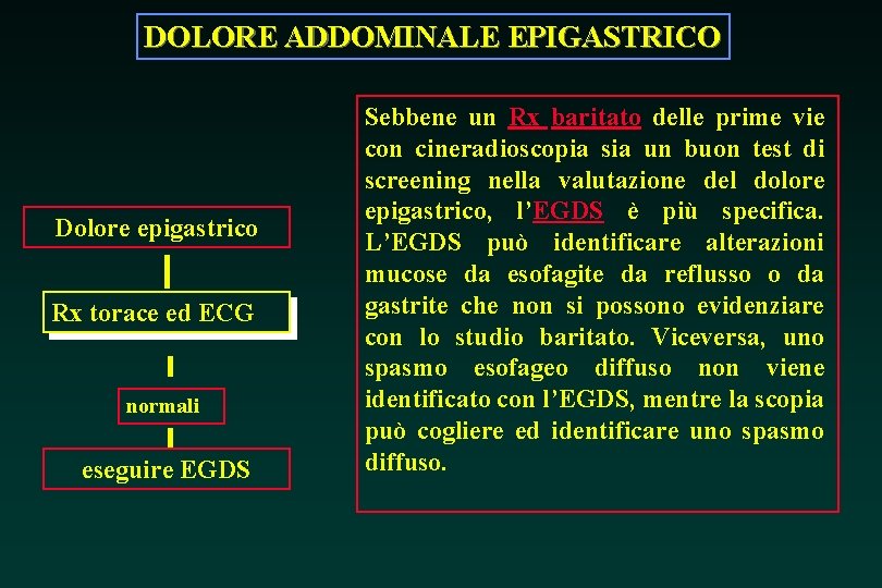 DOLORE ADDOMINALE EPIGASTRICO Dolore epigastrico Rx torace ed ECG normali eseguire EGDS Sebbene un