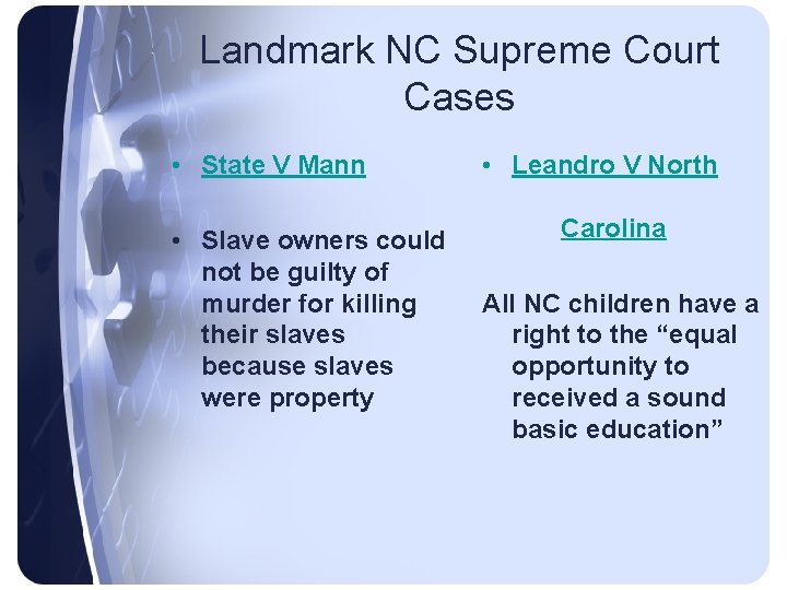 Landmark NC Supreme Court Cases • State V Mann • Slave owners could not