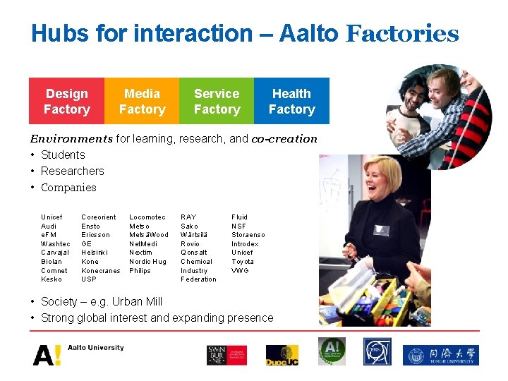 Hubs for interaction – Aalto Factories Design Factory Media Factory Service Factory Health Factory