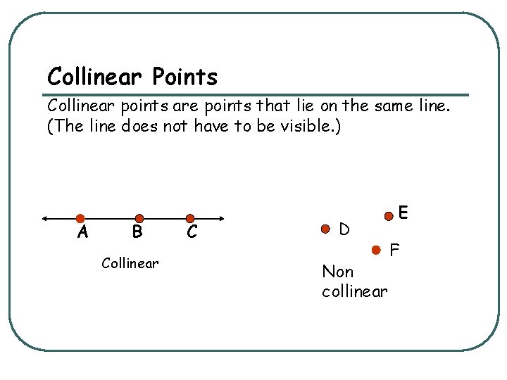 Collinear Points Collinear points are points that lie on the same line. (The line