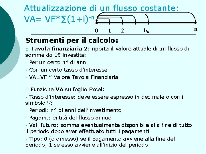 Attualizzazione di un flusso costante: VA= VF*∑(1+i)-n 0 1 2 bn Strumenti per il