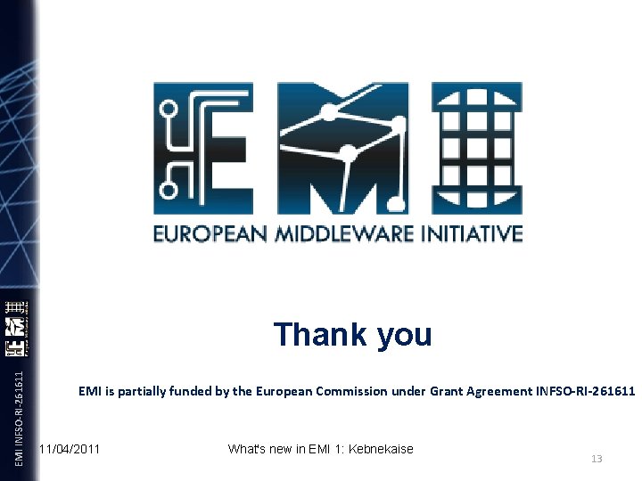 EMI INFSO-RI-261611 Thank you EMI is partially funded by the European Commission under Grant