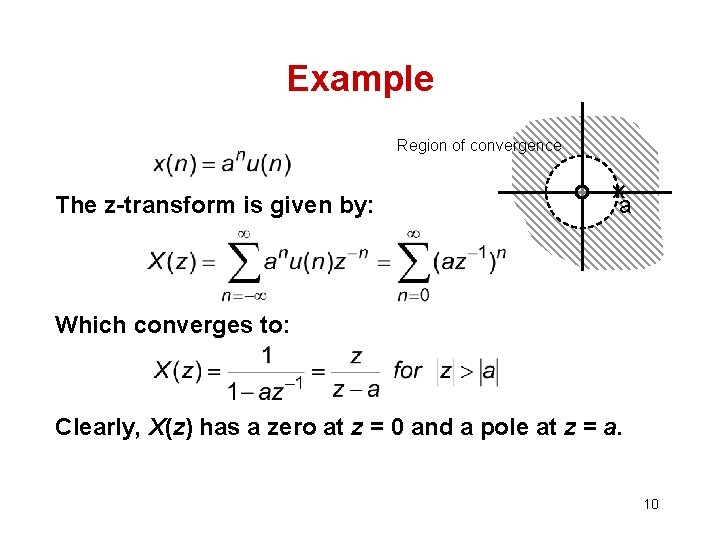 Example Region of convergence The z-transform is given by: a Which converges to: Clearly,
