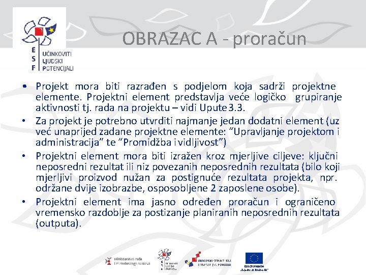 OBRAZAC A - proračun • Projekt mora biti razrađen s podjelom koja sadrži projektne