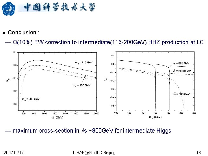 u Conclusion : --- O(10%) EW correction to intermediate(115 -200 Ge. V) HHZ production