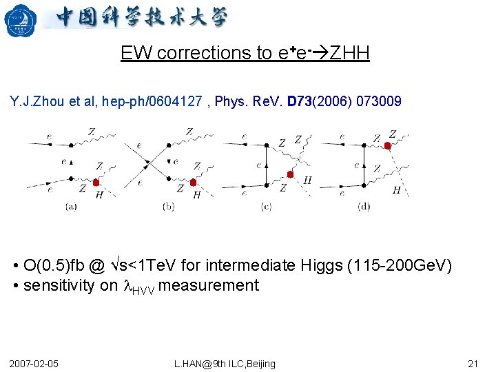 EW corrections to e+e- ZHH Y. J. Zhou et al, hep-ph/0604127 , Phys. Re.