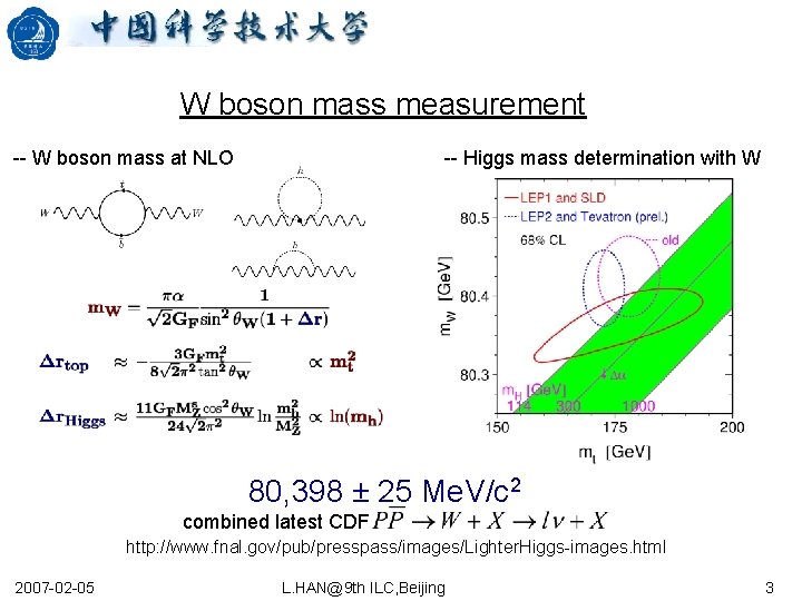 W boson mass measurement -- W boson mass at NLO -- Higgs mass determination