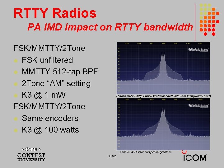 RTTY Radios PA IMD impact on RTTY bandwidth FSK/MMTTY/2 Tone l FSK unfiltered l