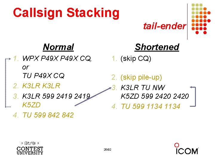 Callsign Stacking tail-ender Normal Shortened 1. WPX P 49 X CQ, or TU P